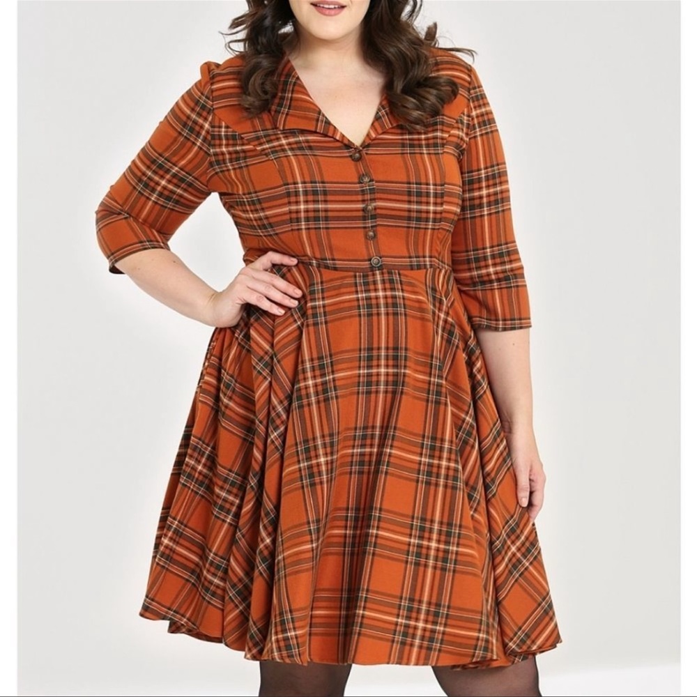 Hell Bunny Cosplay Orange Plaid Tawny Mid Dress Size L